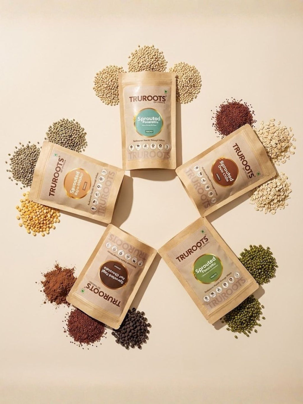 TruRoots Sprouted Millet Combo Pack (5 x 100g) | Jowar Dosa, Ragi Oats Chilla, Bajra Khichdi, Pesarattu & Ragi Hot Chocolate | Healthy Instant Millet Premix