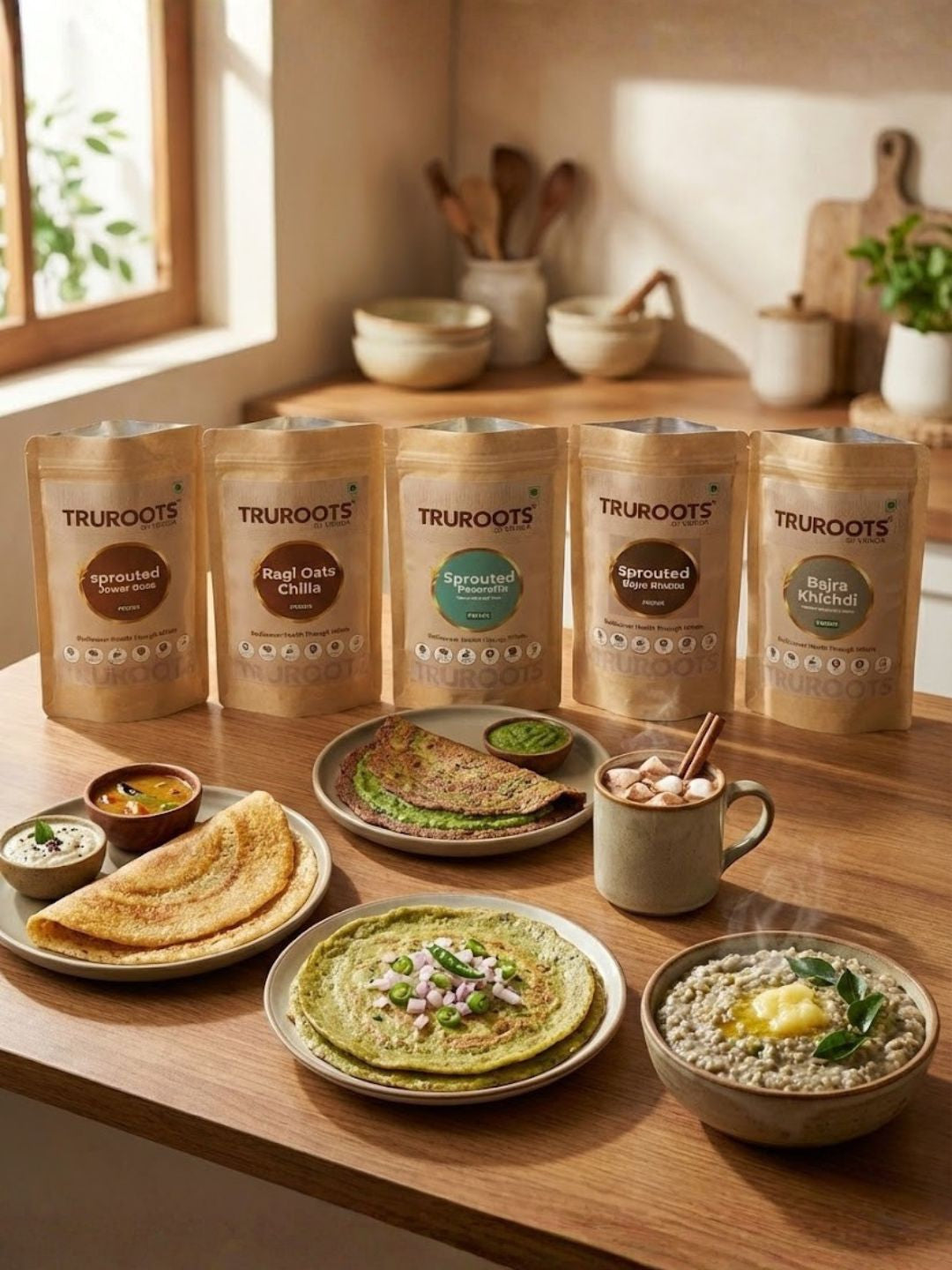 TruRoots Sprouted Millet Combo Pack (5 x 100g) | Jowar Dosa, Ragi Oats Chilla, Bajra Khichdi, Pesarattu & Ragi Hot Chocolate | Healthy Instant Millet Premix